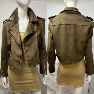 T Tahari Women’s M Brown Faux Leather Soft Suede Moto Biker Jacket
